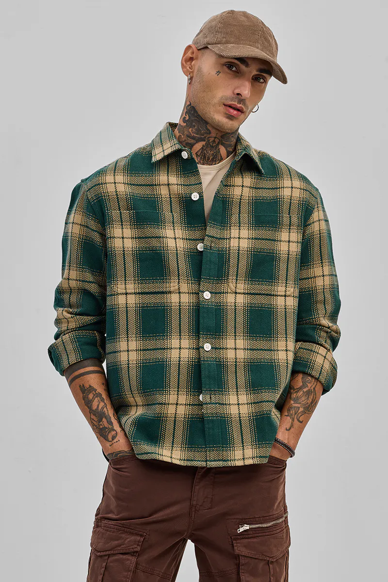 Dark Green Flannel Checks Overshirt
