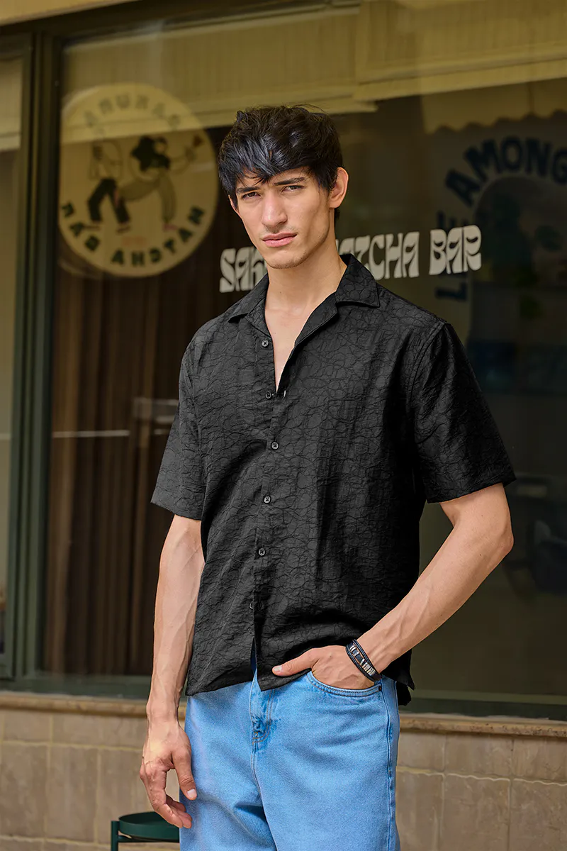 Relaxed Fit Textured Black Shirt
