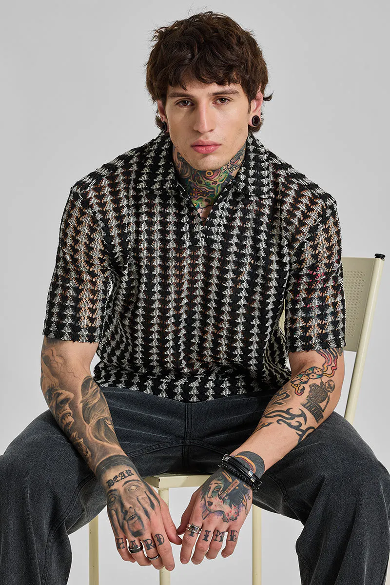 Black Geometric Box Fit Crochet T-Shirt